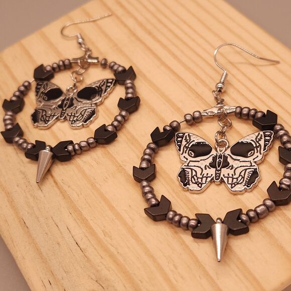 Skull Butterfly Earrings – Gothic Edgy Jewelry for Bold, Dark Style - Picture 2 of 3